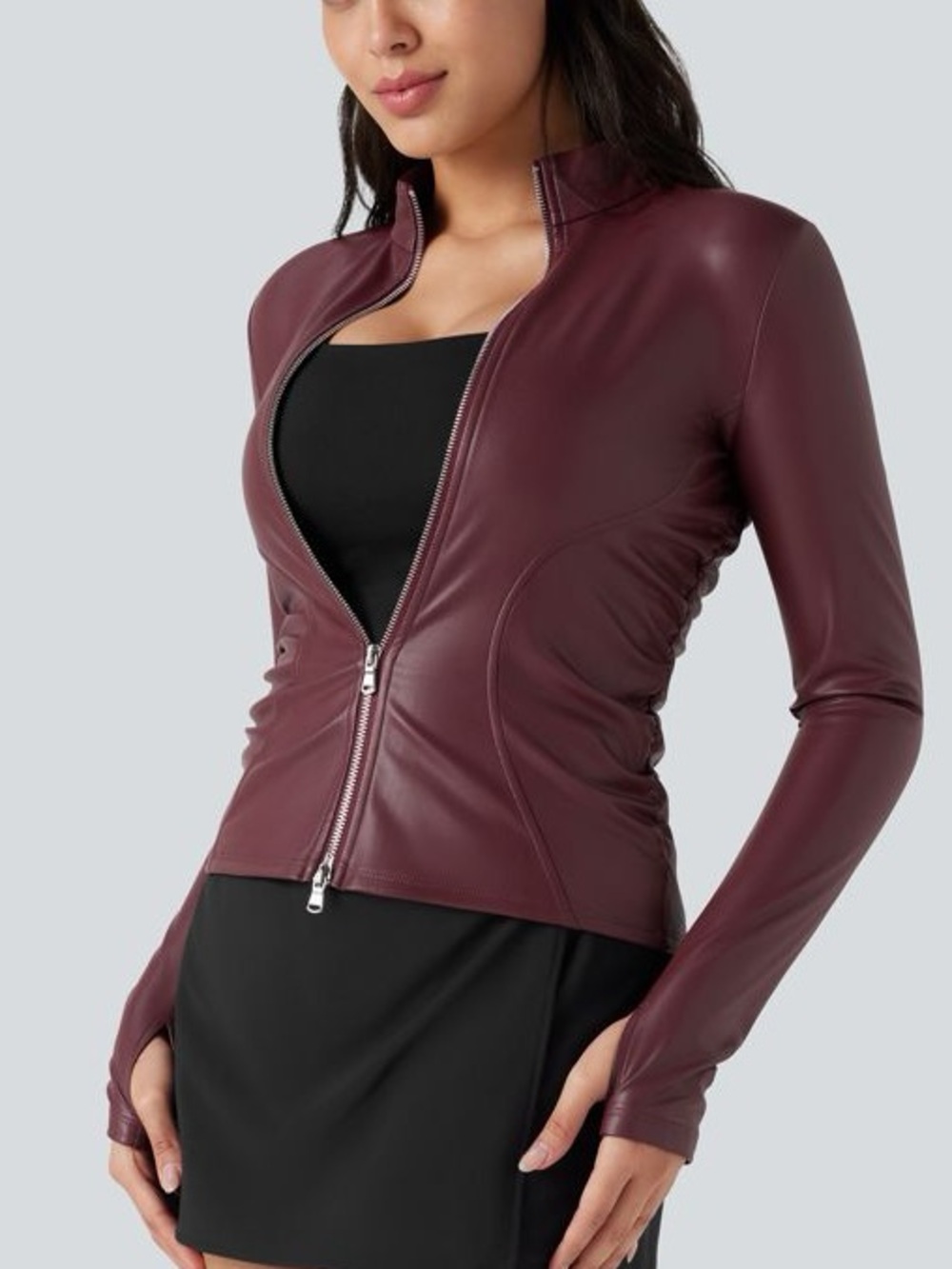 352. Halara Burgundy Faux Leather Moto Jacket Full Zip Estimated Size S